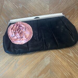 Elegant Black Clutch with Pink Flower Accent
